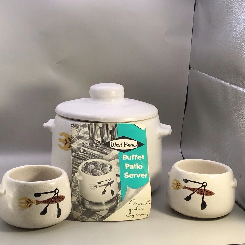 Vintage MCM West Bend Bean Pot & lid  2 Qt Crockery Fork & Spoons Design 2 Bowls